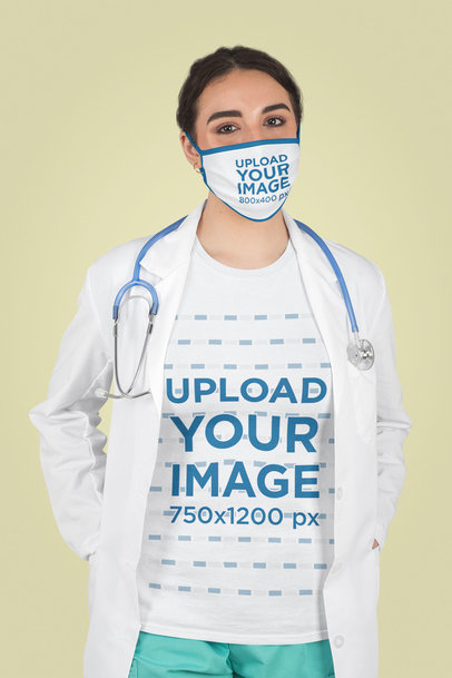 Face Mask and T-Shirt Mockup Featuring a Female Physician at a Studio
