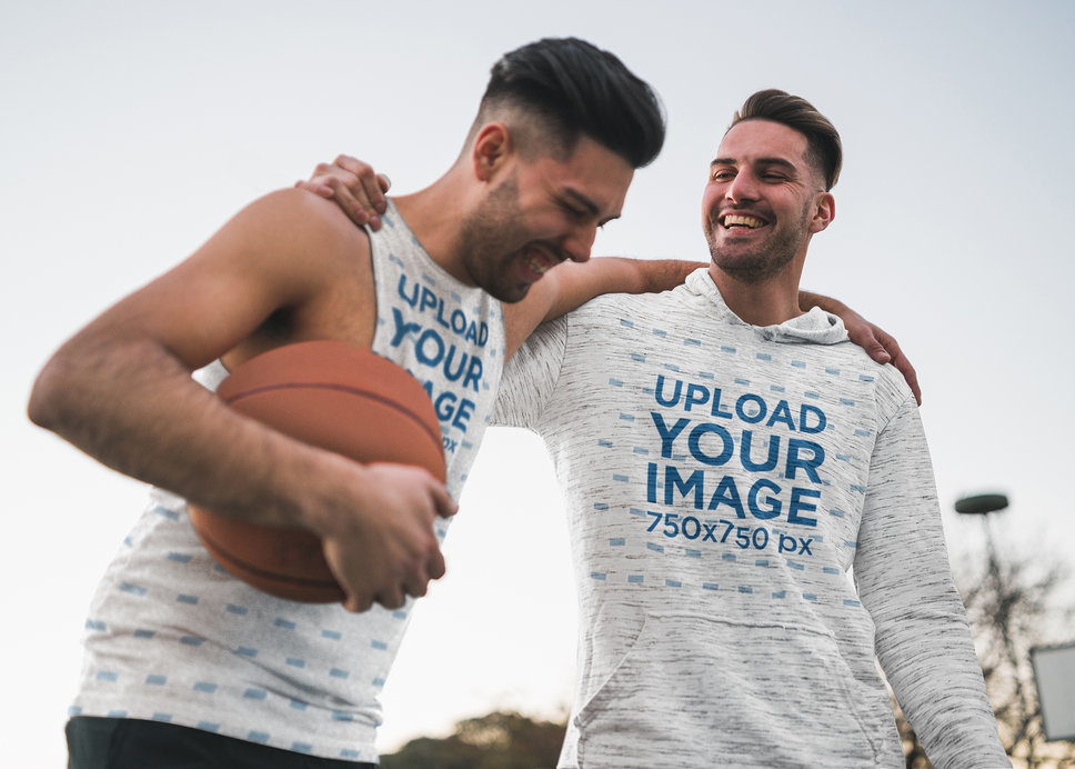 Sleeveless Tee and Hoodie Mockup Featuring Two Friends Playing Basketball