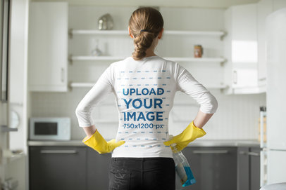 Back-View Long Sleeve Tee Mockup of a Woman Cleaning 