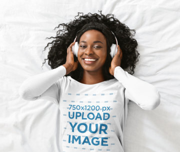 Long Sleeve Tee Mockup of a Happy Woman Listening to Music