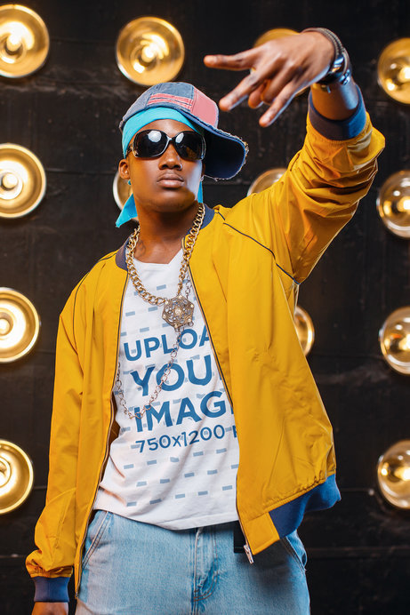 Placeit - V-Neck Tee Mockup Featuring a Rapper Doing a Hand Gesture