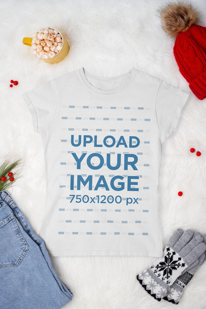 T-Shirt Mockup Featuring Winter Garments and a Hot Cocoa with Marshmallows m167