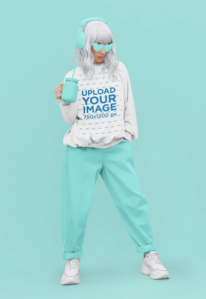 Monochromatic Mockup of a Woman Wearing a Sweatshirt and a Silver Wig