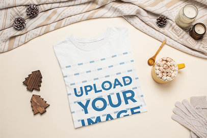 Mockup of a Folded T-Shirt Featuring a Hot Cocoa with Marshmallows m143