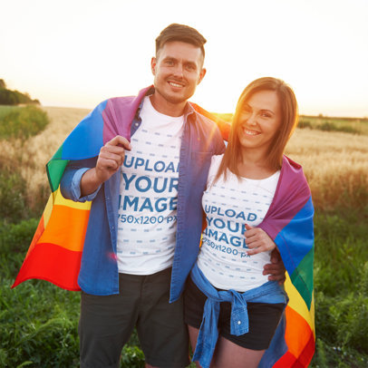 T-Shirt Mockup of a Man and a Woman Holding a Rainbow Flag 37592-r-el2