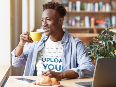 Round Neck Tee Mockup of a Man Having Breakfast