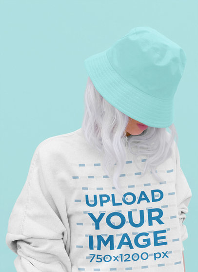 Crewneck Sweatshirt Mockup Featuring a Woman Hiding Her Face at a Studio