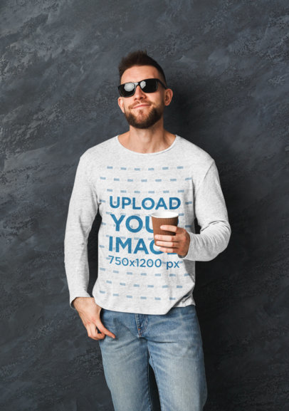 Heathered Long Sleeve Tee Mockup of a Man with Sunglasses