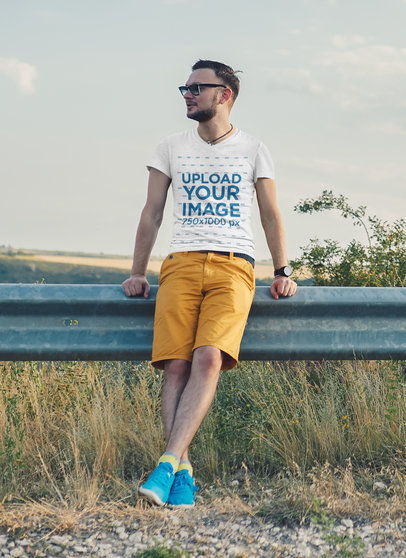 T-Shirt Mockup of a Bearded Young Man Resting by The Highway 39312-r-el2