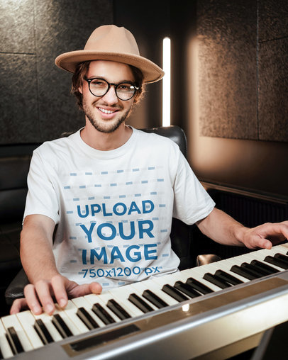 T-Shirt Mockup Featuring a Keyboardist in a Studio 39728-r-el2