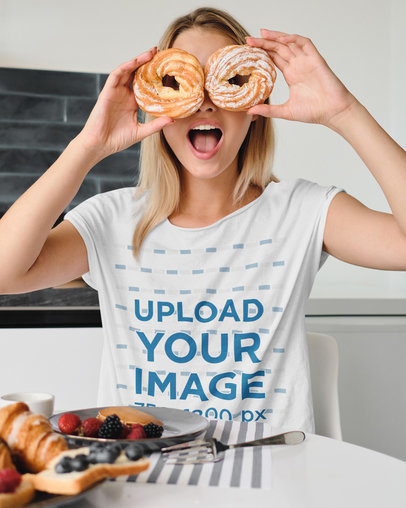 T-Shirt Mockup of a Woman Having Fun at Breakfast 39732-r-el2