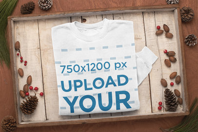 Mockup of a Folded Crewneck Sweatshirt in a Xmas-Decorated Wooden Box