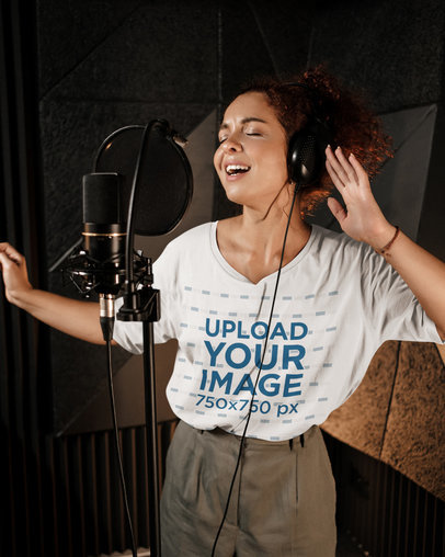  Oversized T-Shirt Mockup Mockup of a Curly-Haired Woman Singing 39733-r-el2