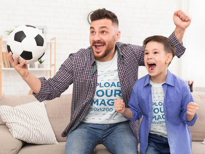 T-Shirt Mockup of Father and Son Excitedly Watching a Soccer Match