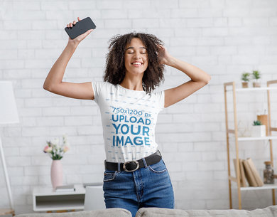 T-Shirt Mockup of a Woman Dancing at Home
