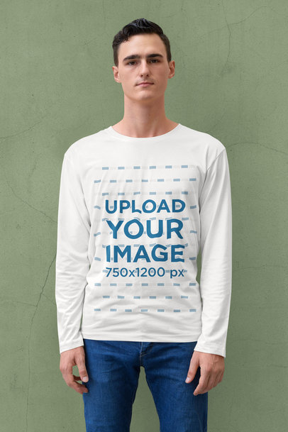 Long Sleeve Tee Mockup Featuring a Serious Young Man