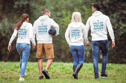 Hoodie Mockup Featuring Two Couples Going for a Walk