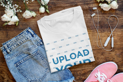 Mockup of a Folded T-Shirt Featuring Some Jeans and Flowers 