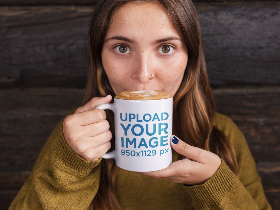 Pretty Woman Taking a Sip of Hot Chocolate from Her Mug Mockup