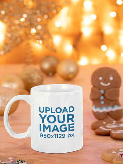 11 oz Coffee Mug Mockup Featuring a Gingerbread Man and Christmas Ornaments 