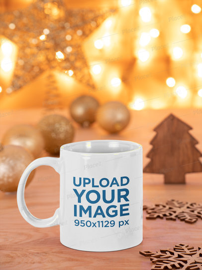 Mockup of an 11 oz Mug Placed Against Christmas Lights