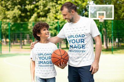 T-Shirt Mockup Featuring a Dad and His Son at a Basketball Court 