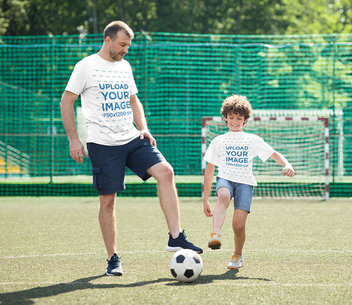 Mockup of a Kid Playing Soccer With His Dad 