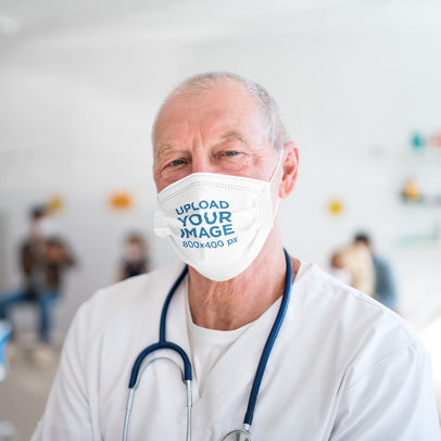 Mockup Featuring a Senior Doctor Wearing a Face Mask