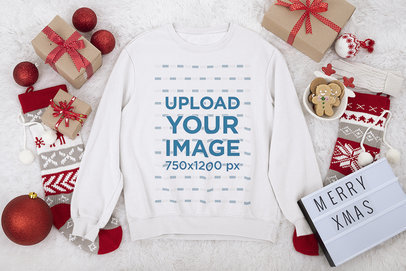 Sweatshirt Mockup Featuring Christmas Gifts on a Furry Carpet