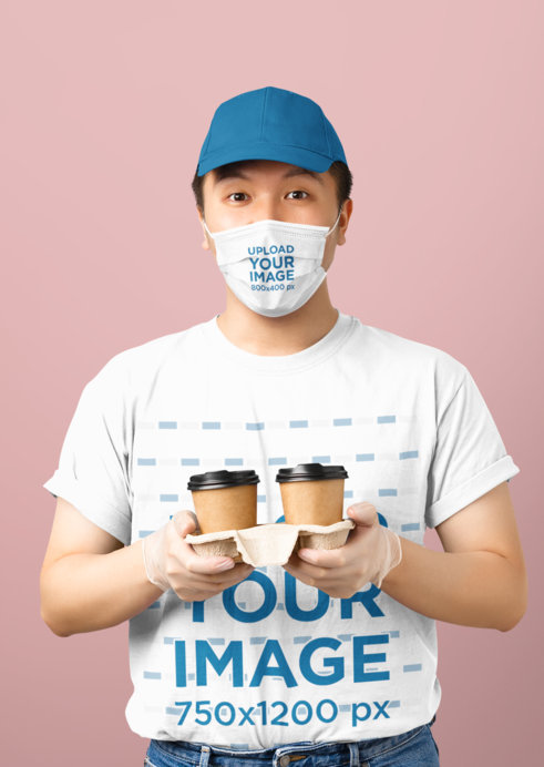 Studio Mockup of a Worker Wearing a Face Mask and a T-Shirt