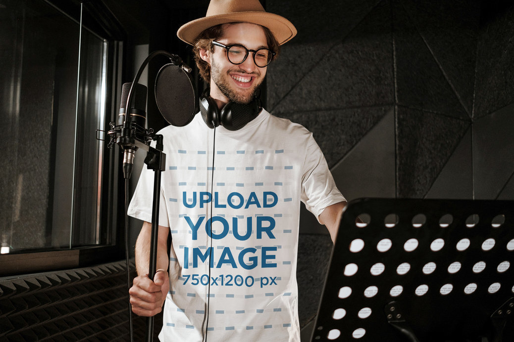 Placeit - T-Shirt Mockup of a Hipster Man in a Music Studio