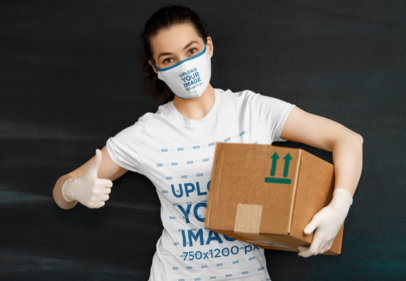 Tee and Face Mask Mockup Featuring a Female Courier 44078-r-el2