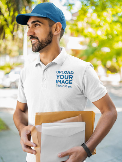 Polo Shirt Mockup Featuring a Delivery Man Standing on the Street 44188-r-el2