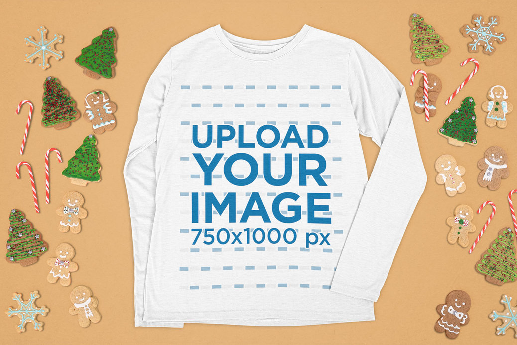 Mockup of a Customizable Long Sleeve Tee Surrounded by Christmas Cookies 