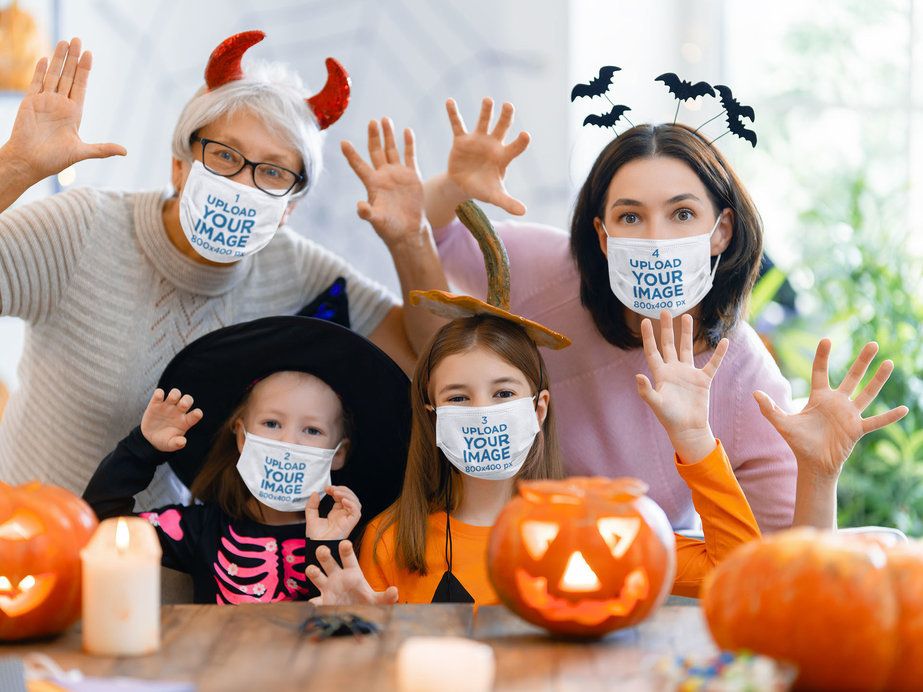 Face Mask Mockup of a Family Celebrating Halloween