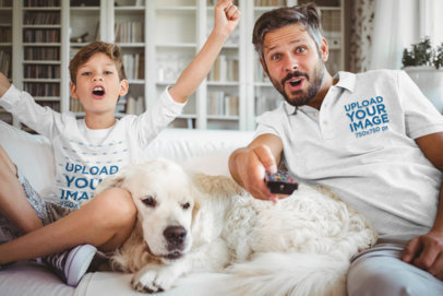Long Sleeve Tee and Polo Shirt Mockup of Father and Son with Their Dog