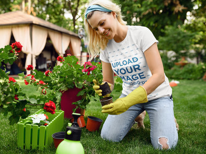T-Shirt Mockup of a Woman Planting Flowers 
