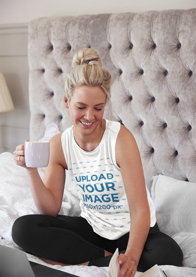 Tank Top Mockup of a Woman Working in Her Bedroom 