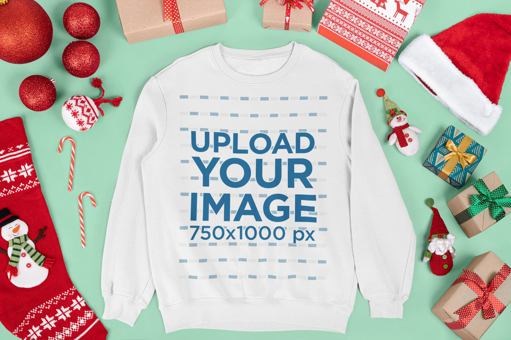 Mockup of a Crewneck Sweatshirt Surrounded by Christmas Decorations and Gifts 