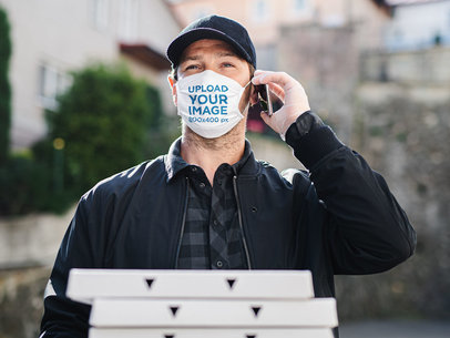 Face Mask Mockup Featuring a Man Delivering Pizza