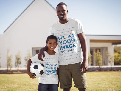 T-Shirt Mockup Featuring Dad and Son Ready to Play Soccer