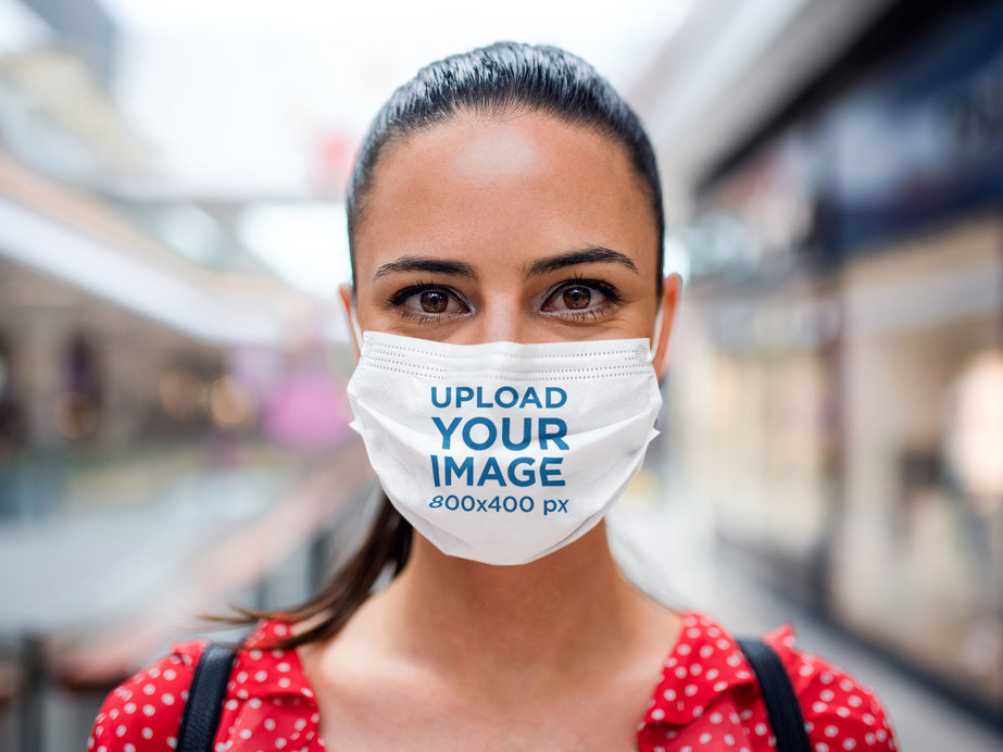 Closeup Mockup of a Woman Wearing a Face Mask at a Mall