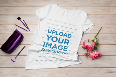 Mockup of a Scoop-Neck Tee Featuring a Rose and a Makeup Kit 41378-r-el2