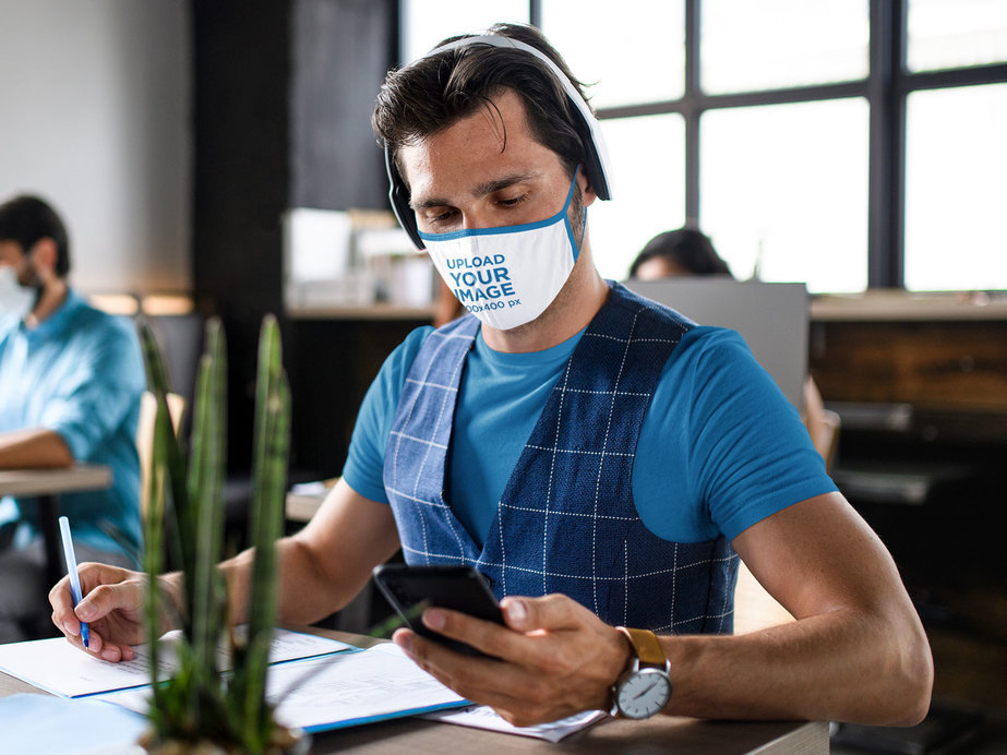 Face Mask Mockup of a Man Studying in a Public Place