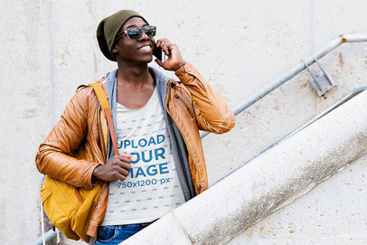 Scoop Neck Tee Mockup of a Man with Sunglasses Talking on the Phone 41487-r-el2