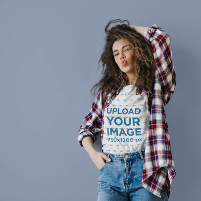 Mockup of a Woman Wearing a Heathered T-Shirt Under a Flannel