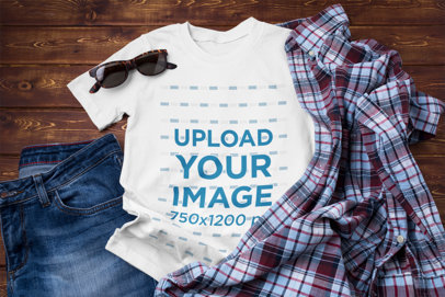 T-Shirt Mockup Featuring an Outfit with Flannel on a Wooden Floor