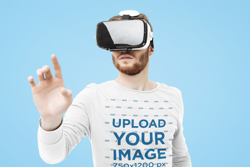Long Sleeve Tee Mockup of a Bearded Man with a VR Headset in a Studio