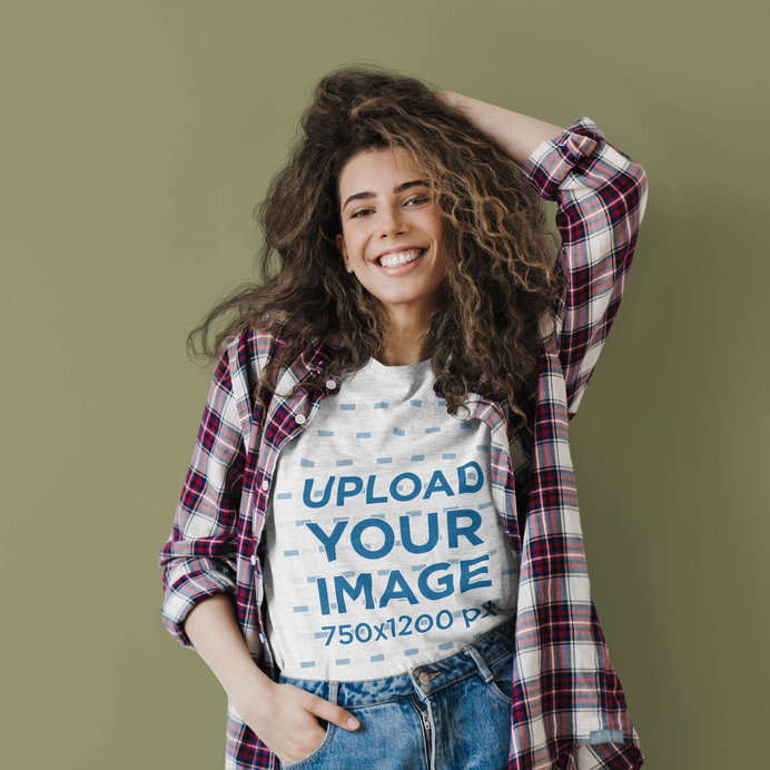 Mockup of a Long-Haired Woman Wearing a Heathered T-Shirt in a Studio