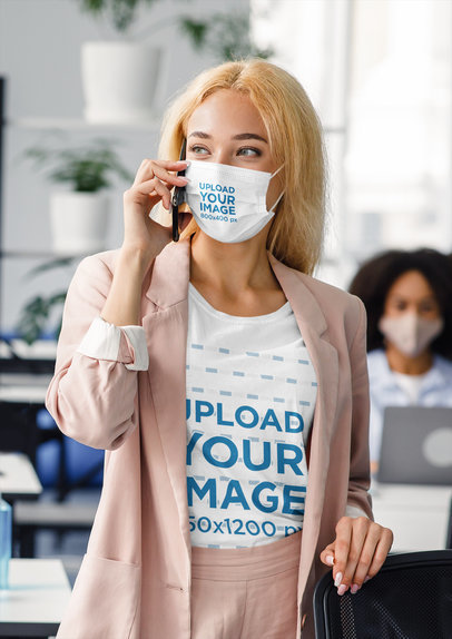 T-Shirt and Face Mask Mockup Featuring a Woman on the Phone at Work